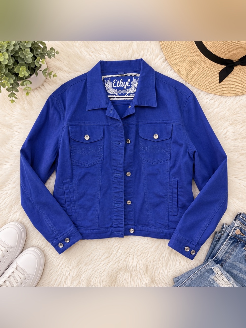 Ethyl Vintage Denim Royal Blue Cotton Jacket Size Large